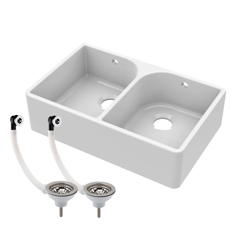 Image of Balterley 2 Bowl Fireclay Butler Sink Full Weir Overflows Wastes 795x500x220mm White