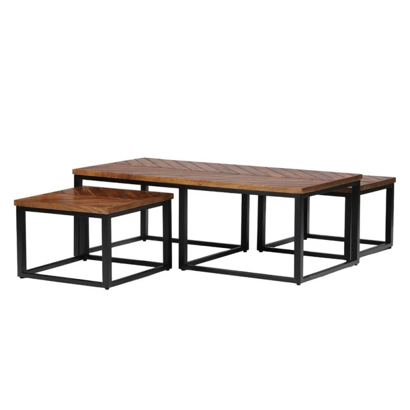 Image of Jaipur Furniture Ltd Parquet Coffee Table with Stool - Mango Wood/Iron - L60xW120xH41.5cm in Brown Brown Unisex