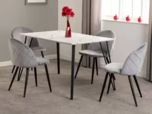 Image of Seconique Marlow White Marble Effect Dining Table and 4 Grey Velvet Chairs