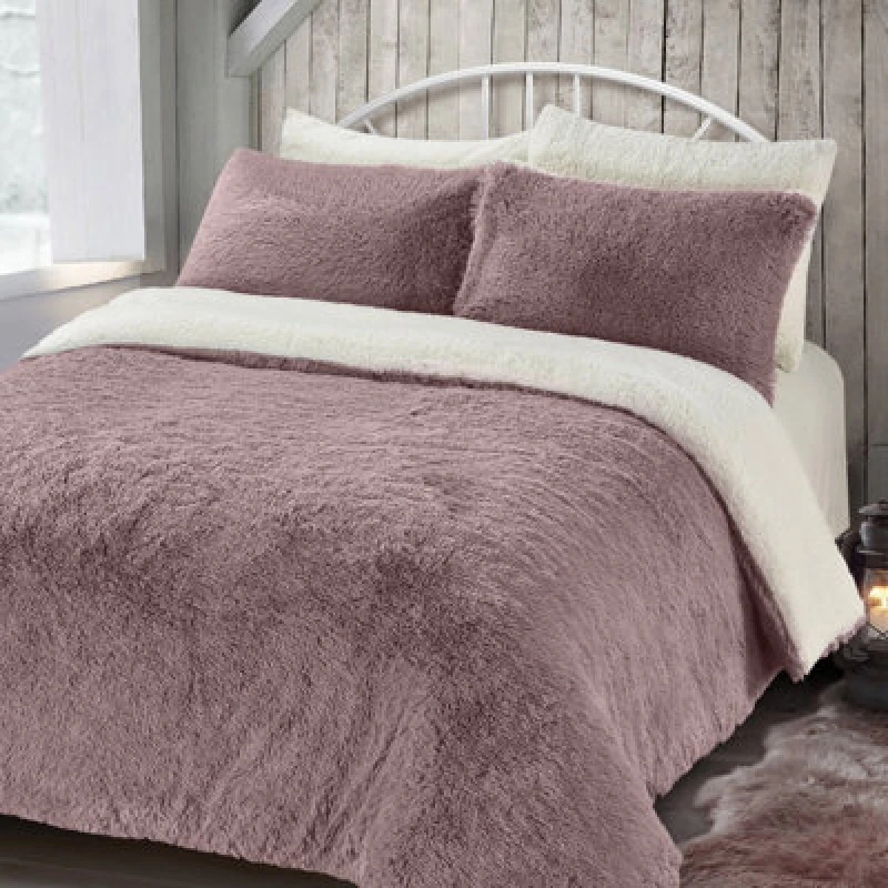 Image of Velosso Shaggy Teddy Duvet Cover & Pillowcase Set, Cosy Bedding For Warm Bedroom Essentials, Soft Texture, Machine Washable - Pink