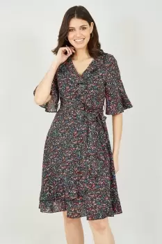 Image of Black Ditsy Wrap Frill Dress