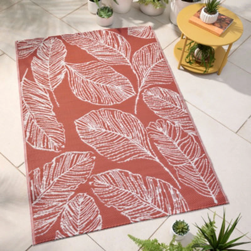 Image of Fusion Matteo Leaf Print Uv Resistant Terracotta Outdoor Rug