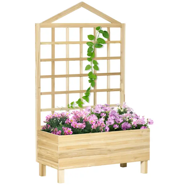 Image of Outsunny Garden Planters with Trellis for Vine Climbing, Distressed Wooden Raised Beds, 90x43x150cm, Natural Tone