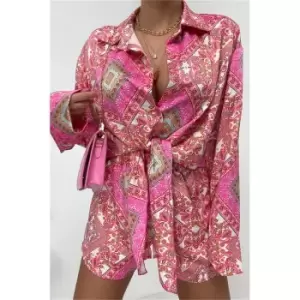 Image of I Saw It First Pink Scarf Print Knot Front Shirt - Pink