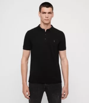Image of AllSaints Mens Cotton Slim Fit Reform Short Sleeve Polo Shirt, Black, Size: XS