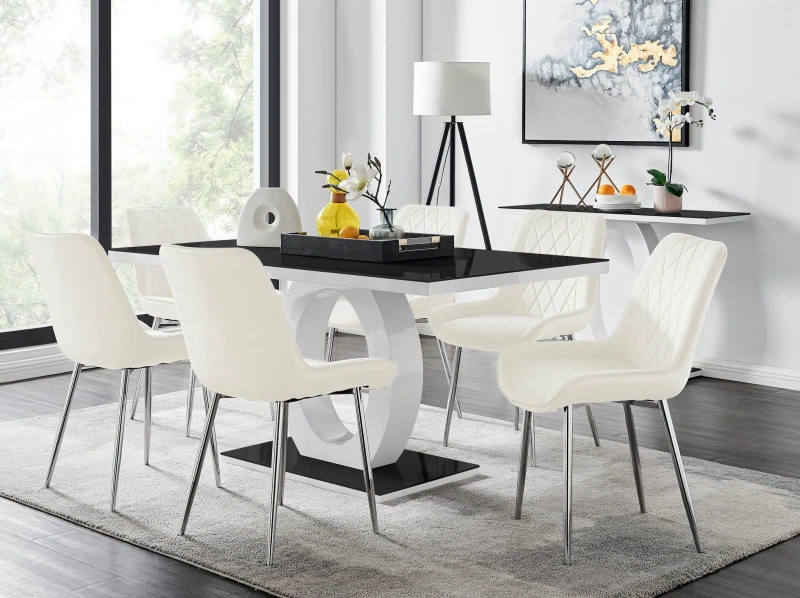 Image of FurnitureboxUK FurnitureboxUK Giovani Rectangular 6 Seat White High Gloss Unique Halo Base Dining Table in Cream Cream One Size Unisex 5056542665080