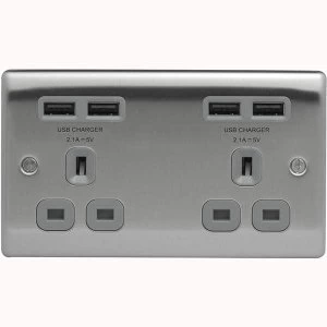 Image of BG Nexus Metal Brushed Steel 2 Gang Plug Socket with 4 x USB Outlets Outlet Grey Insert 13A - NBS24U44G