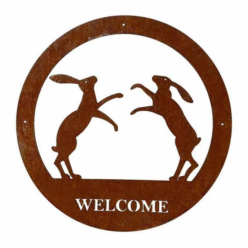 Image of Poppy Forge Boxing Hare Welcome Wall Art, Large, Steel - W49.5 x H49.5cm - BM/RtR in Brown Brown Unisex