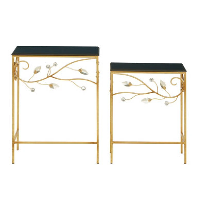 Image of Premier Housewares Interiors By Premier Versatile Set Of 2 Tables With Black Wooden Top, Nesting Design Side Tables, Elegant Side Table By Couch Gold