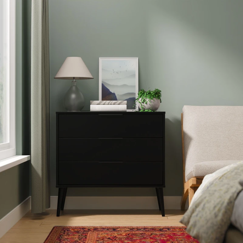 Image of Hong Kong Ready Assembled Matt Black 3 Drawer Wide Chest (H)695mm (W)765mm (D)415mm