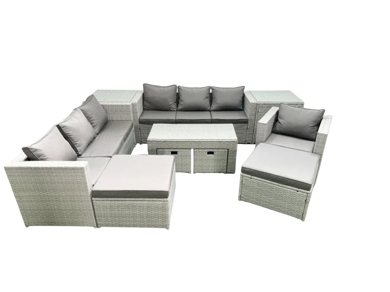 Image of Fimous Outdoor Rattan Garden Furniture Set with Grey Cushions Luxury 11 Seater with Coffee Table and 2 Side Tables For Conservatory,Patio Light Grey