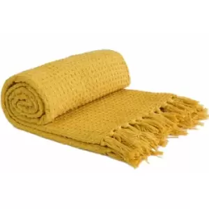 Image of Throw Blanket Sofa Bed Throwover 100% Cotton Recycled Honeycomb Ochre 50x60'