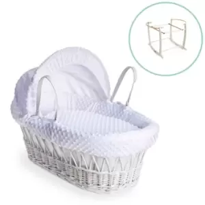 Image of Clair de Lune Dimple White Wicker Moses Basket in White & White Deluxe Rocking Stand - White