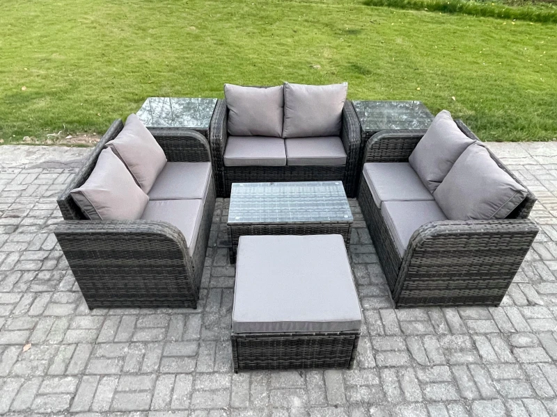 Image of Fimous Outdoor Garden Furniture Sets 7 Seater Wicker Rattan Furniture Sofa Sets with Rectangular Coffee Table Love Sofa 2 Side Tables Big Footstool Da