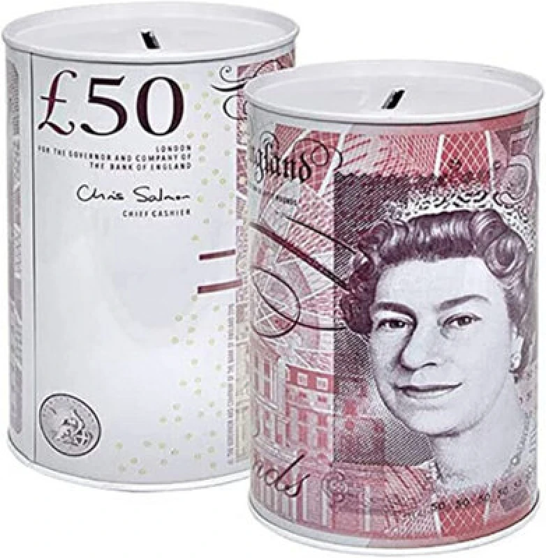 Image of KAV Sterling Money Tin Box Piggy Bank Cylindrical Shape and Multicolour 15x15cm (Set of 2 £50) Multi unisex