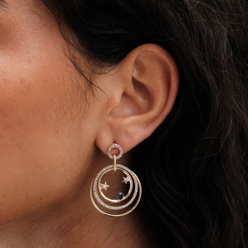 Image of Mood Gold Blue Crystal Celestial Forward Facing Link Drop Earrings Gold female