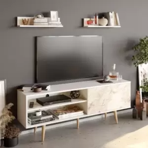 Image of Decorotika Pi 160 Cm Wide TV Stand, TV Unit, TV Cabinet Storage With Open Shelves And Cabinet - White And White Marble Effect