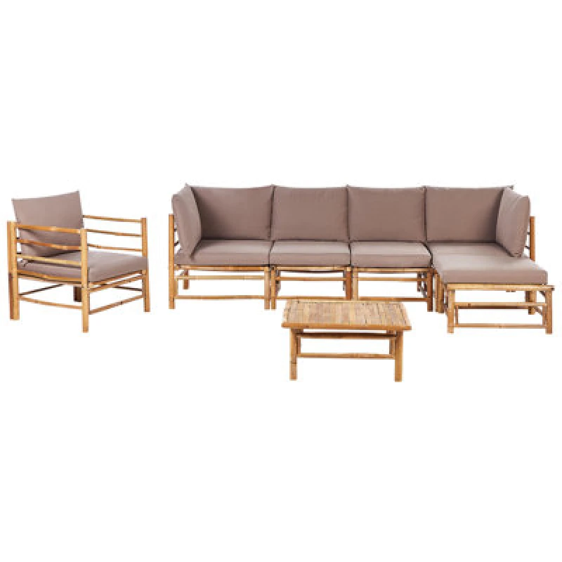 Image of Beliani Garden Lounge Set With Table 6 Seater Cerreto Left Hand Bamboo Wood Taupe