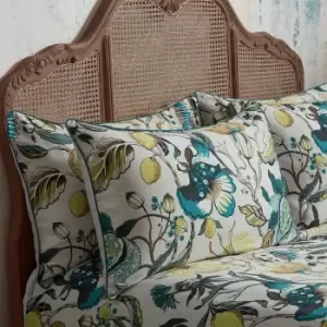 Image of Morton Floral Printed Cotton Sateen Piped Pillowcase Pair Teal