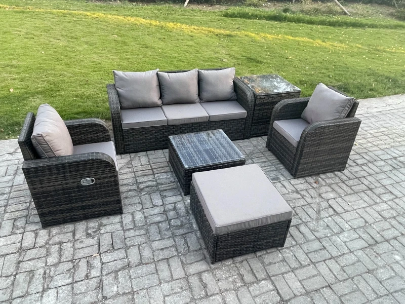 Image of Fimous Garden Furniture Sets 6 Seater Wicker Rattan Furniture Patio Sofa Sets with Reclining Chair 3 Seater Sofa Footstool Dark Grey