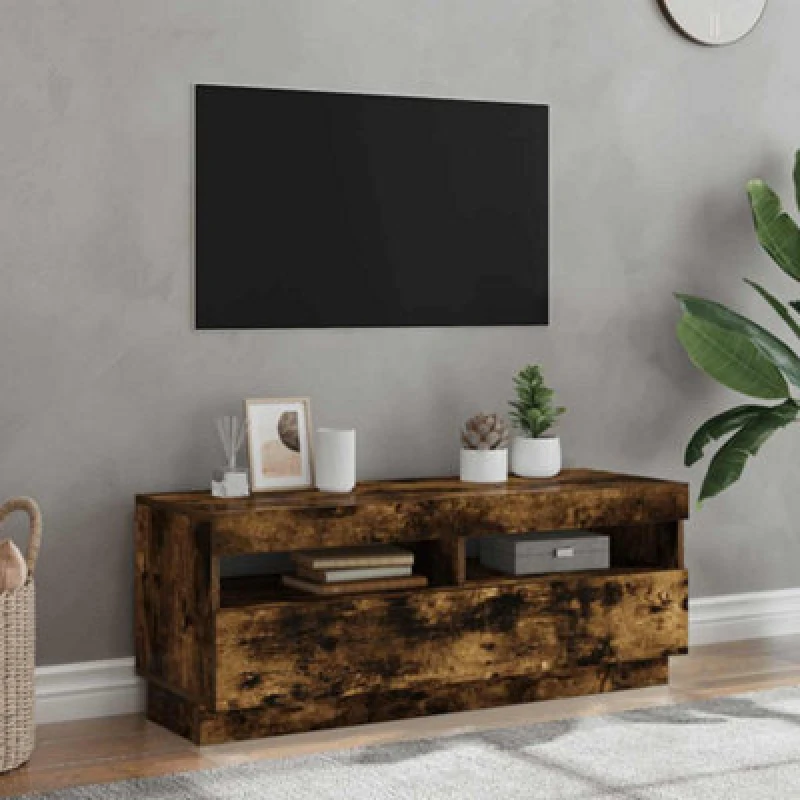 Image of vidaXL TV Cabinet with LED Lights Smoked Oak 100x35x40 cm, Brown 815720