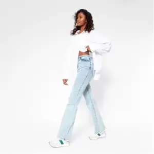 Image of I Saw It First Mid Rise Frayed Waist Flared Jeans - Blue