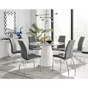 Image of Furniturebox Palma White Marble Effect 120cm Round Minimalist Dining Table & 6 Grey Isco Silver Leg Faux Leather Chairs