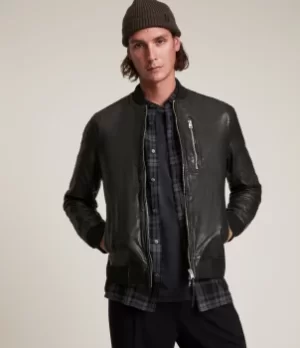 Image of AllSaints Mens Leather Regular Fit Boyton Bomber Jacket, Black, Size: L