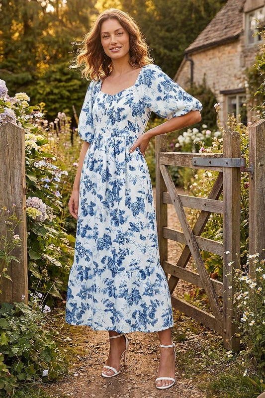 Image of Roman Womens Petite Floral Print Midi Dress in Blue Size: 16 Blue Female 16