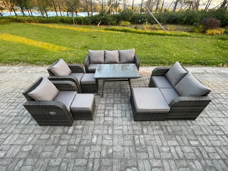 Image of Fimous Outdoor Rattan Garden Furniture Set 10 Seater Patio Lounge Sofa Set with Dining Table 3 Footstools Dark Grey Mixed Dark Grey