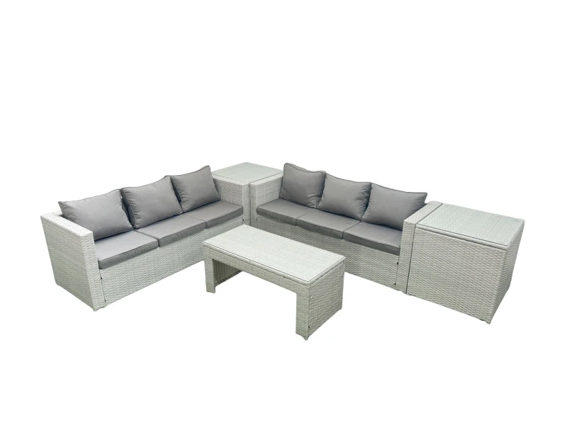 Image of Fimous 6 Seater Garden Outdoor Rattan Furniture Set Rattan Garden Sofa Oblong Coffee Table with 2 Side Tables Light Grey Mixed Light Grey