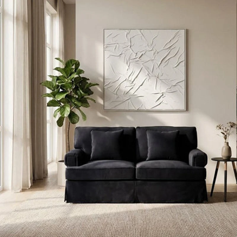 Image of Orsina Two Seat Black Velvet Sofa, Plush Black Velvet Upholstery With Wooden Base And Key Style Padded Arms