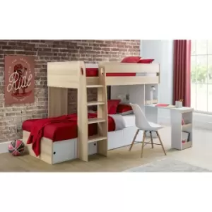 Image of Roxie Wooden Bunk Bed - Storage & Pull Out Desk - Oak & White 3ft Single 90 x 190