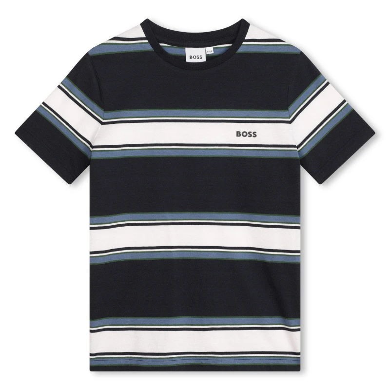 Image of Boss Kids Striped Cotton Short Sleeve Crew Neck T-Shirt Navy V98 male 14 Yrs