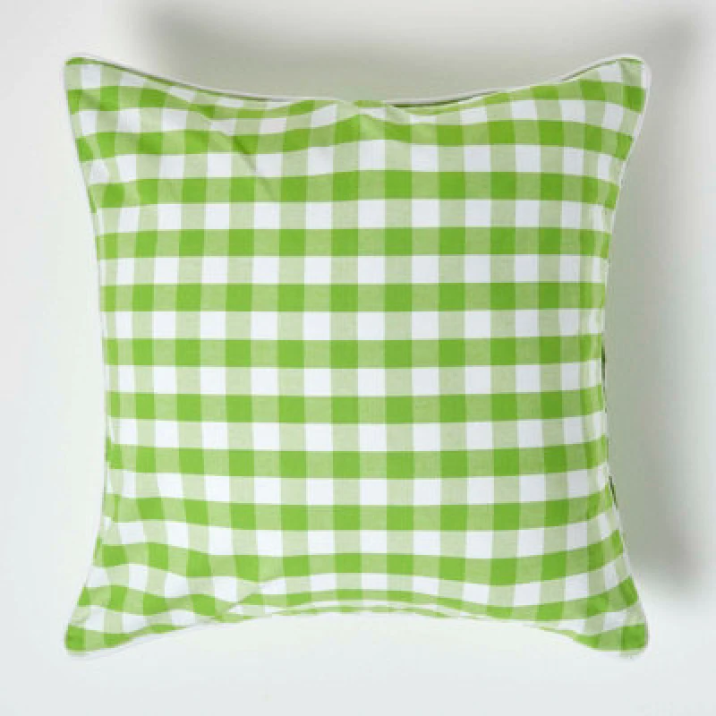 Image of HOMESCAPES Green Block Check Cotton Gingham Cushion Cover, 60 x 60cm - Green - Homescapes KT1373C