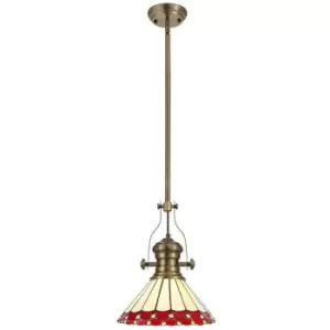 Image of 1 Light Telescopic Ceiling Pendant E27 With 30cm Tiffany Shade, Antique Brass, Red, Crystal - Luminosa Lighting