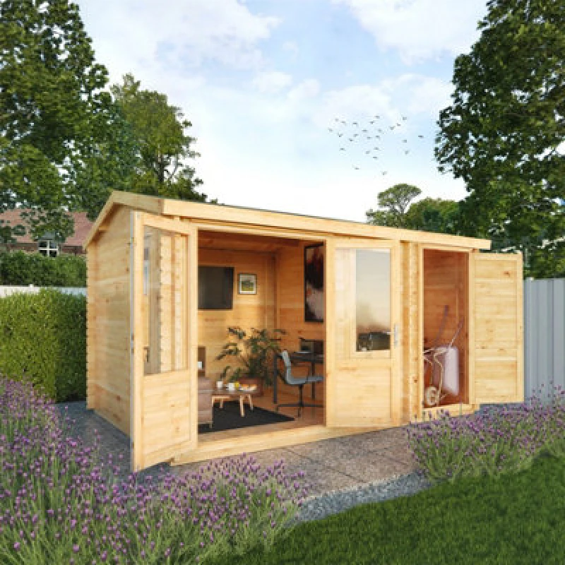 Image of Mercia Elite 4m x 3m Double Glazed Garden Office Log Cabin with Side Shed (28mm)