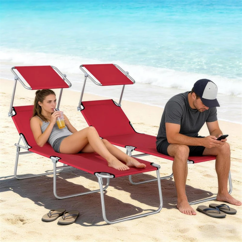 Image of OUTSUNNY Foldable Sun Lounger Set of 2, 4 Level Adjustable Backrest in Red Red Unisex