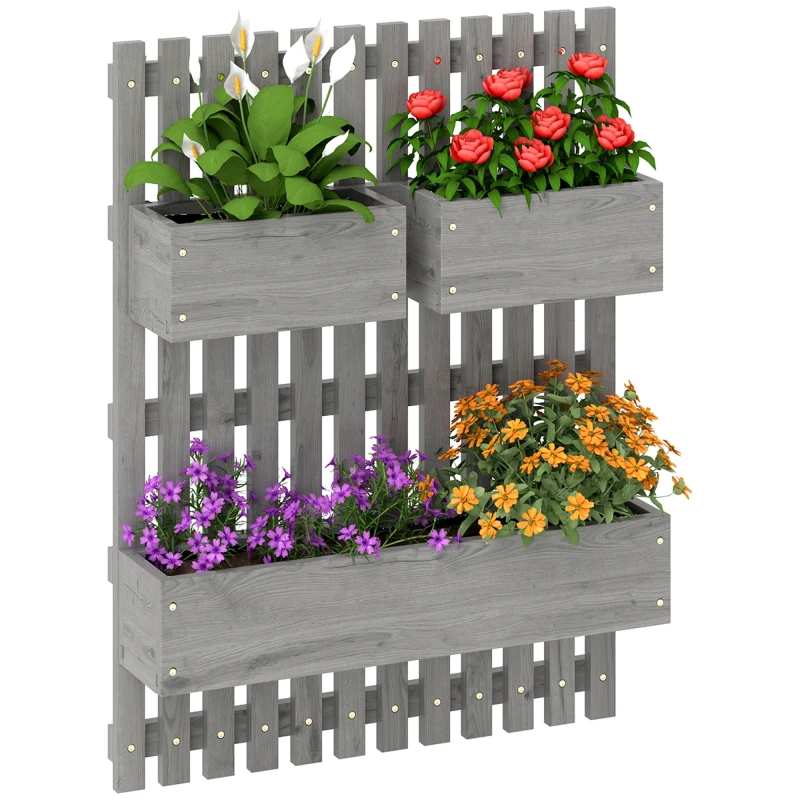 Image of Outsunny Wooden Garden Planters With Trellis Wall-mounted Raised Garden Bed - Grey TJ Hughes 5061025133758