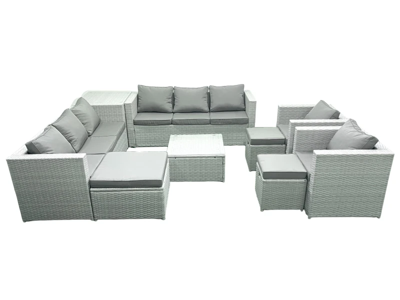 Image of Fimous Outdoor Rattan Sofa Garden Furniture Set with 2 Armchairs Square Coffee Table 3 Footstools Side Table Light Grey Mixed Light Grey