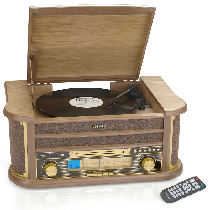 Image of Denver Vintage Retro Bluetooth CD Cassette Record Player FM & USB HiFi System in Light Brown Light Brown Unisex