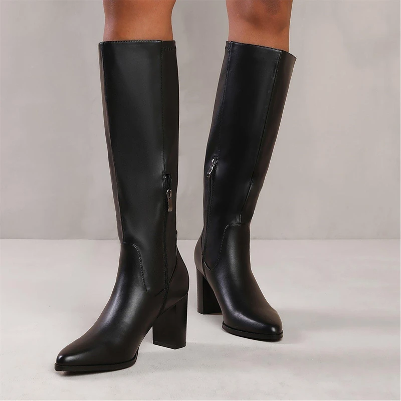 Image of Wheres That From Block Heel Knee High Boots With Stitch Detail Black Pu female 3