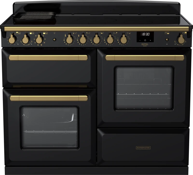Image of Rangemaster Estel Deluxe ESDLO110EIPGBL/AB1 110cm Electric Range Cooker with Induction Hob - Black / Antique Brass - A Rated