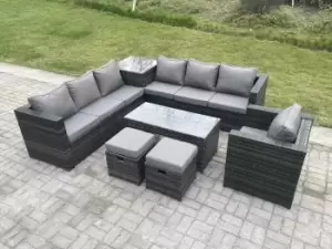 Image of Fimous 6 Seater Outdoor Dark Grey Rattan Lounge Complete Sofa Set with Oblong Coffee Table , Side Table and 2 Stools