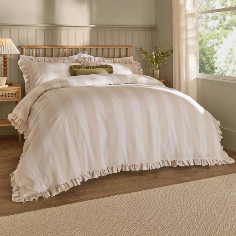 Image of Wylder Birdie Stripe Ruffle Duvet Cover Set in Natural Size: Single Natural Unisex Single