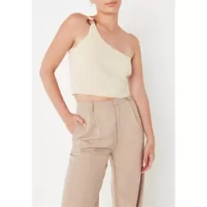 Image of Missguided Asymmetric Shoulder Ring Rib Knit Crop Top - Cream