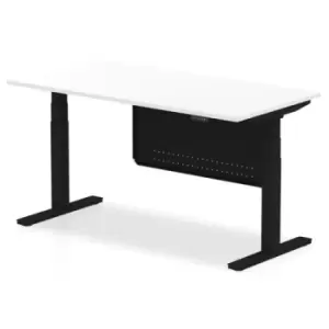 Image of Air 1600 x 800mm Height Adjustable Desk White Top Black Leg With Black Steel Modesty Panel