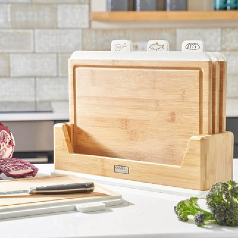 Image of Cooks Professional Index Chopping Board Set of 4 Food Coded with Stand White Brown