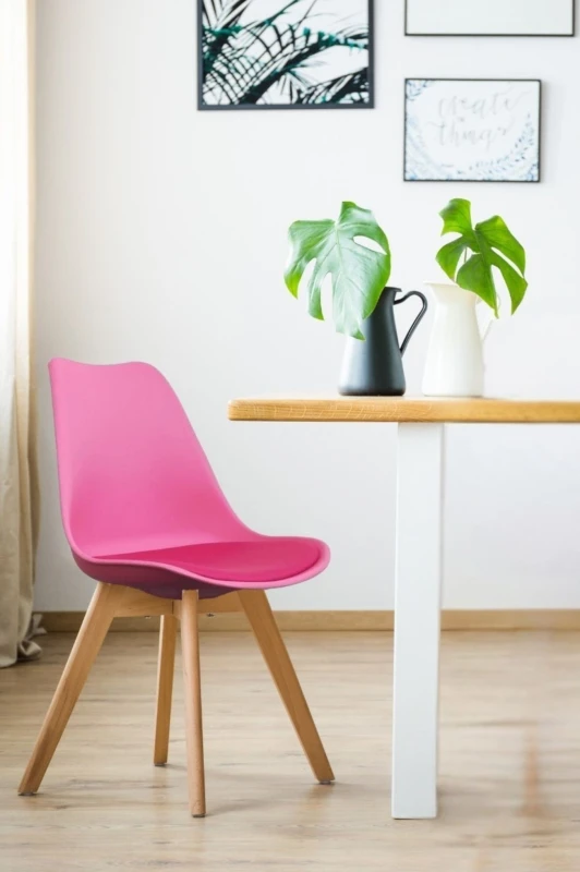 Image of Fusion Living Soho Plastic Dining Chair with Squared Light Wood Legs Bright Pink