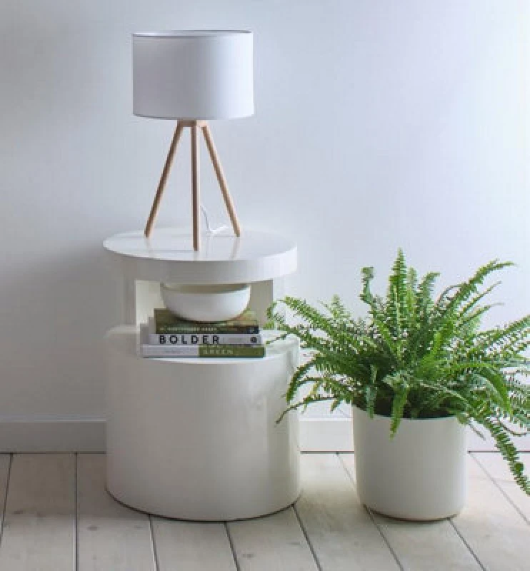 Image of K Living Tall Oak Wooden Tripod Table Lamp And Matching White Linen Lampshades
